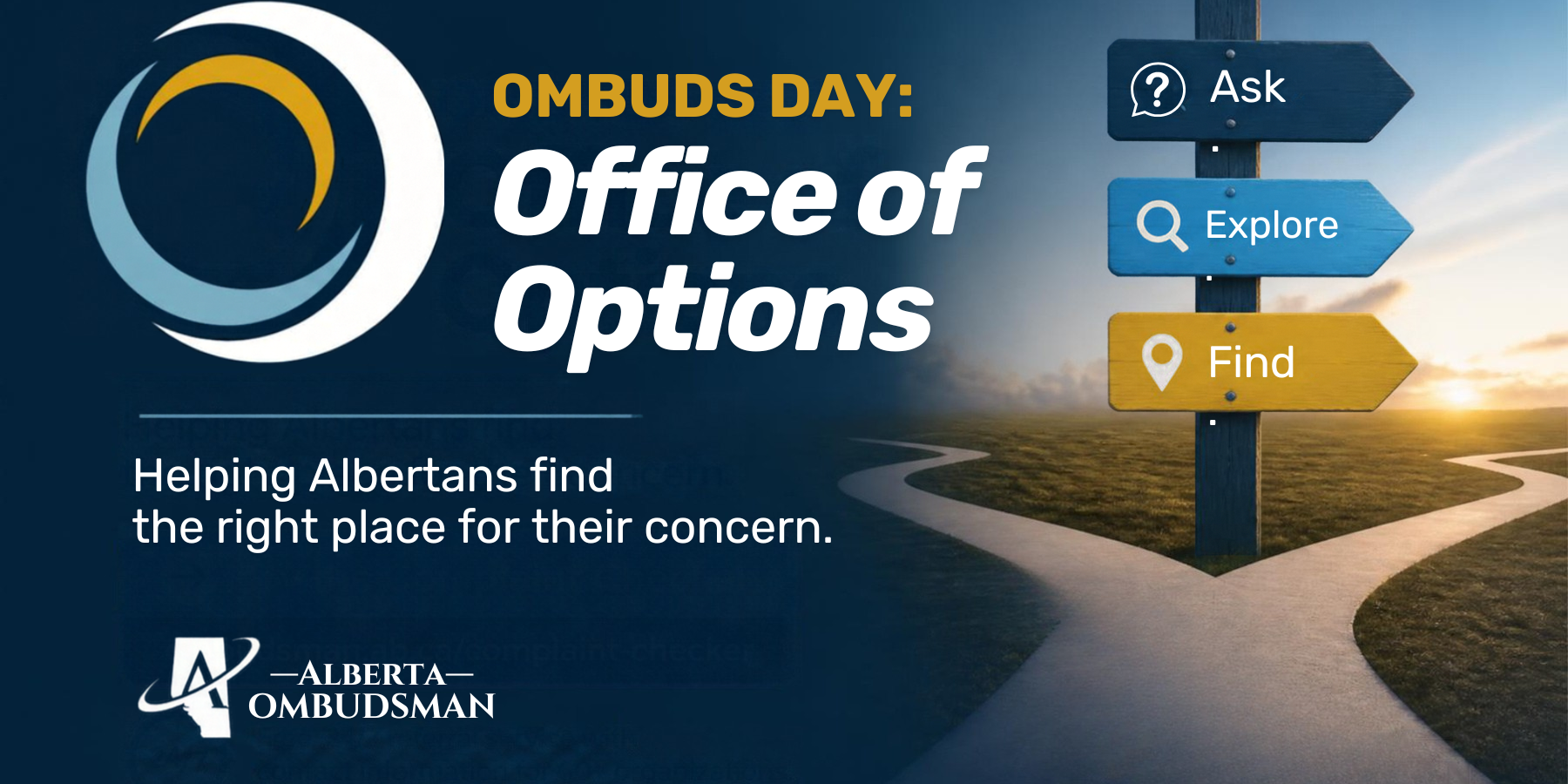 2 1 The post’s theme is prominently displayed, reading “Ombuds Day: Office of Options.” A directional signpost at a fork in the road points to “ask,” “explore,” and “find.” The Alberta Ombudsman logo appears with the tagline “helping Albertans find the right place for their concern.”