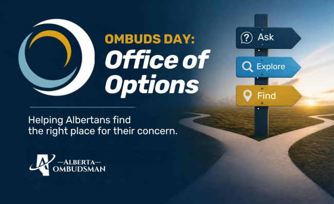 2 1 The post’s theme is prominently displayed, reading “Ombuds Day: Office of Options.” A directional signpost at a fork in the road points to “ask,” “explore,” and “find.” The Alberta Ombudsman logo appears with the tagline “helping Albertans find the right place for their concern.”