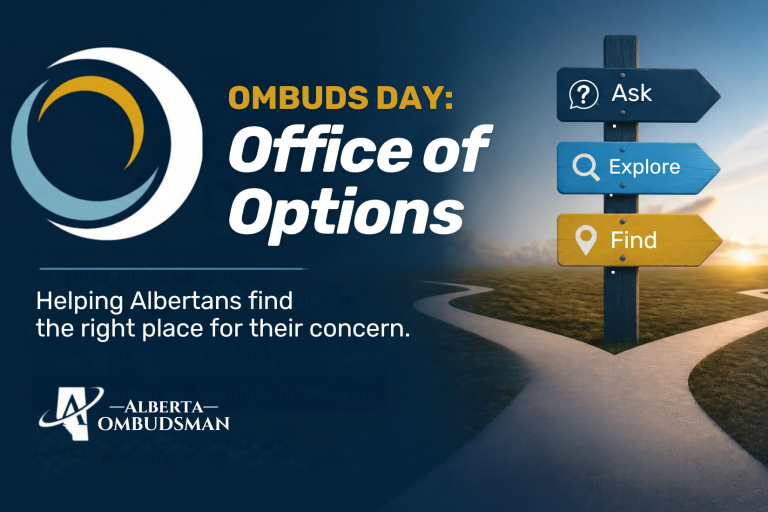 The post’s theme is prominently displayed, reading “Ombuds Day: Office of Options.” A directional signpost at a fork in the road points to “ask,” “explore,” and “find.” The Alberta Ombudsman logo appears with the tagline “helping Albertans find the right place for their concern.”